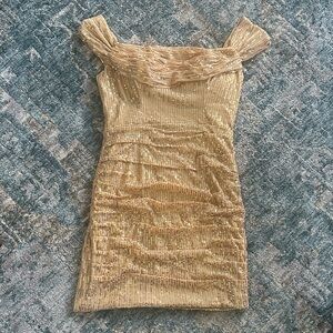 Gold Sequin Mini Dress with Ruched Skirt